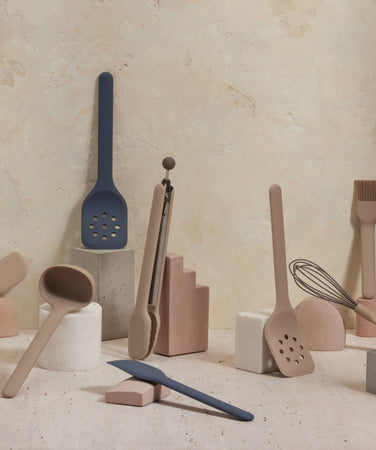 beige and blue utensil essentials