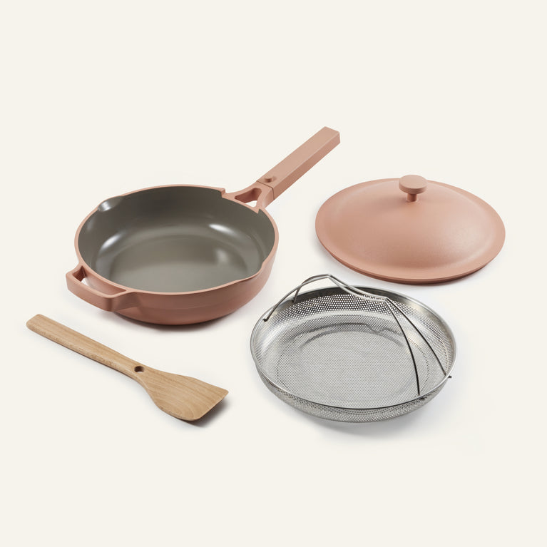 pink always pan with steamer and spatula