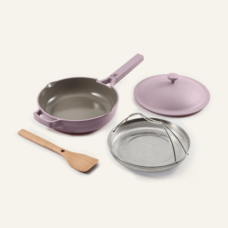 purple always pan with steamer and spatula