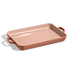 Rectangular pink ceramic baking dish with two side handles, shown against a plain white background.