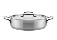 A stainless steel casserole dish with two side handles and a fitted lid, shown against a plain white background.
