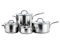 Set of stainless steel cookware with lids on a white background