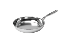A stainless steel frying pan with a long handle is shown against a plain white background.