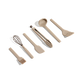 Six beige kitchen utensils, including a brush, whisk, two spatulas, tongs, ladle, and slotted spoon, arranged in a row on a white background.