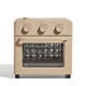 Beige countertop oven with three control knobs on top and a transparent front door showing the interior.